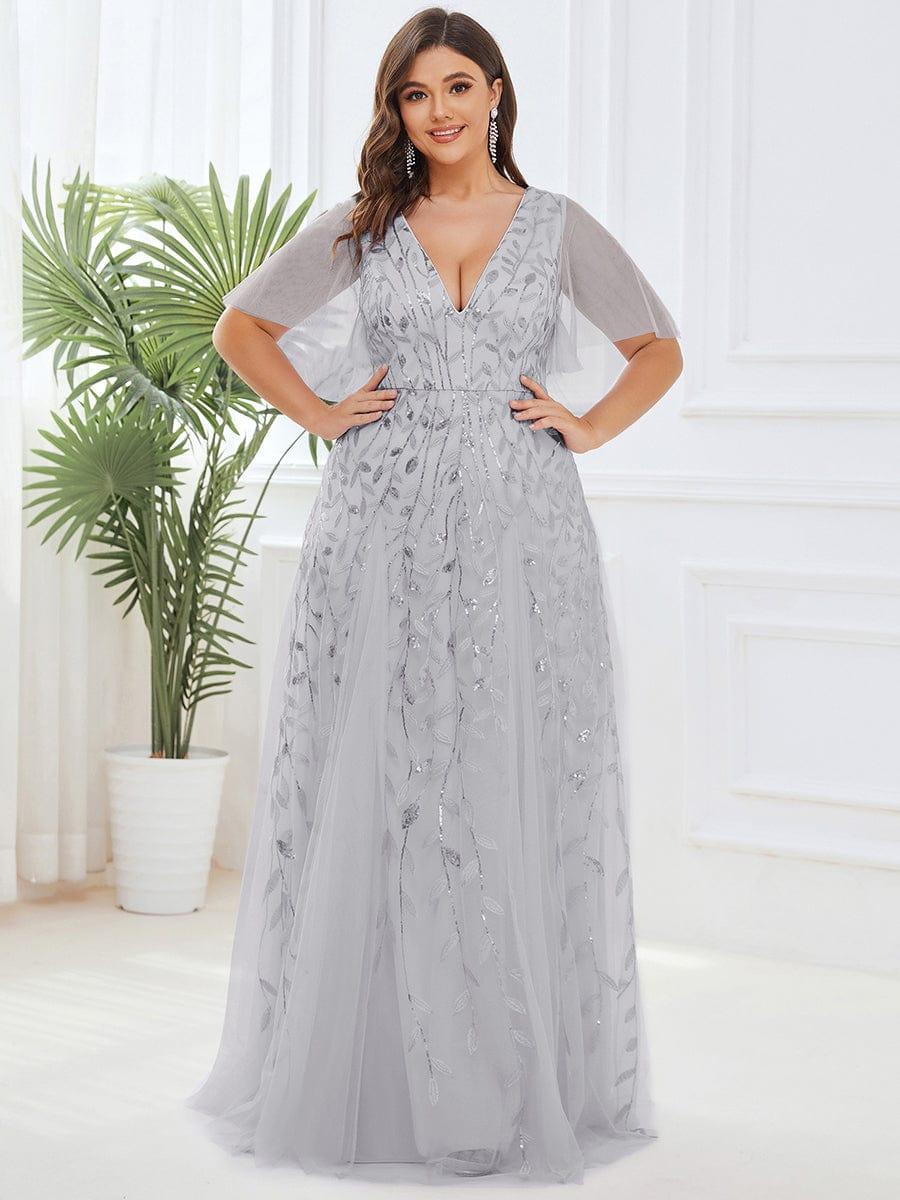 pretty ASTRAL|Plus Size Romantic Shimmery V Neck Ruffle Sleeves Evening Gown - Image 46