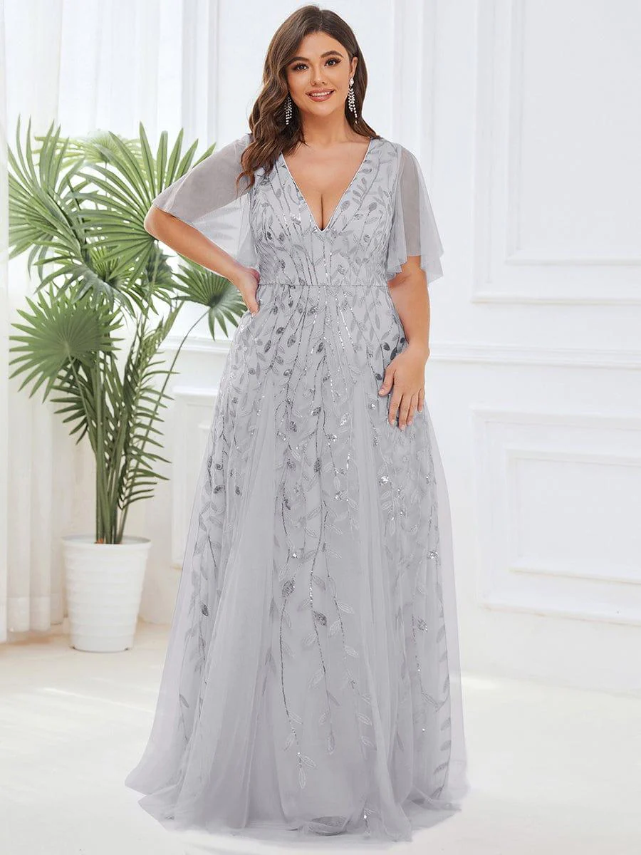 pretty ASTRAL|Plus Size Romantic Shimmery V Neck Ruffle Sleeves Evening Gown - Image 50