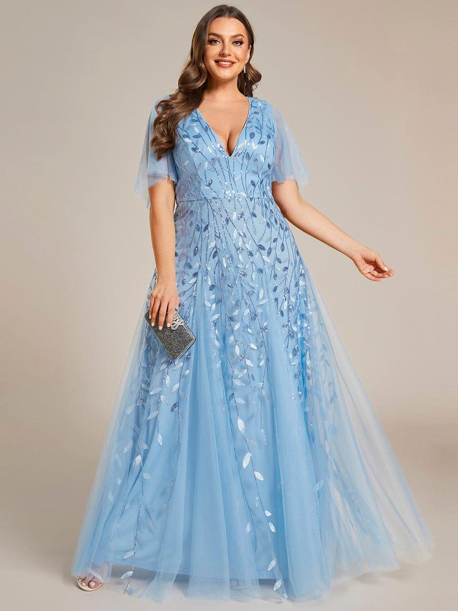 pretty ASTRAL|Plus Size Romantic Shimmery V Neck Ruffle Sleeves Evening Gown - Image 51