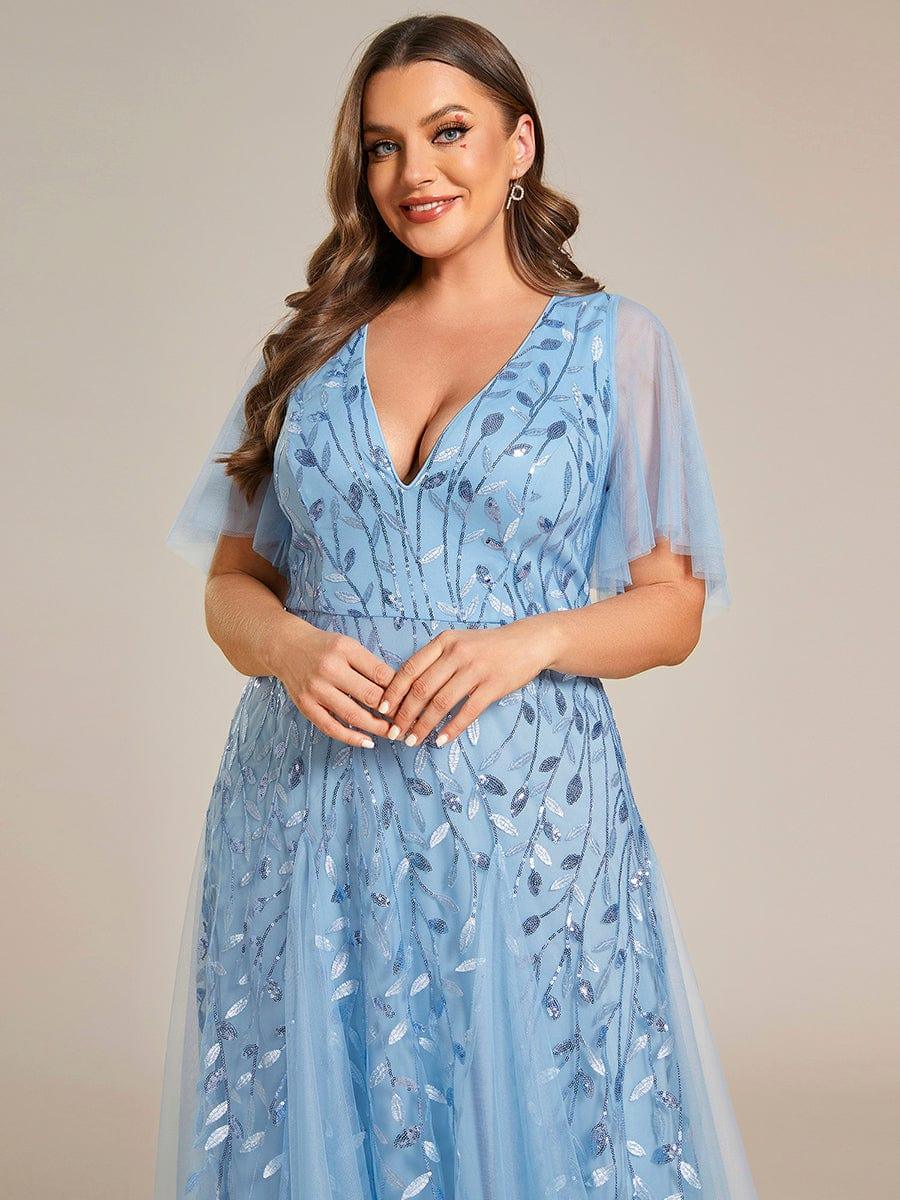 pretty ASTRAL|Plus Size Romantic Shimmery V Neck Ruffle Sleeves Evening Gown - Image 53