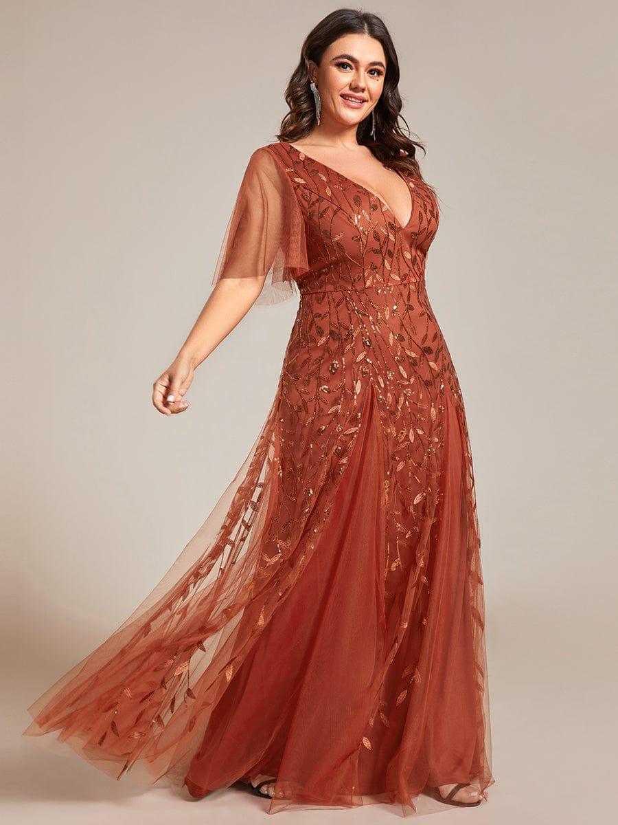 pretty ASTRAL|Plus Size Romantic Shimmery V Neck Ruffle Sleeves Evening Gown - Image 65