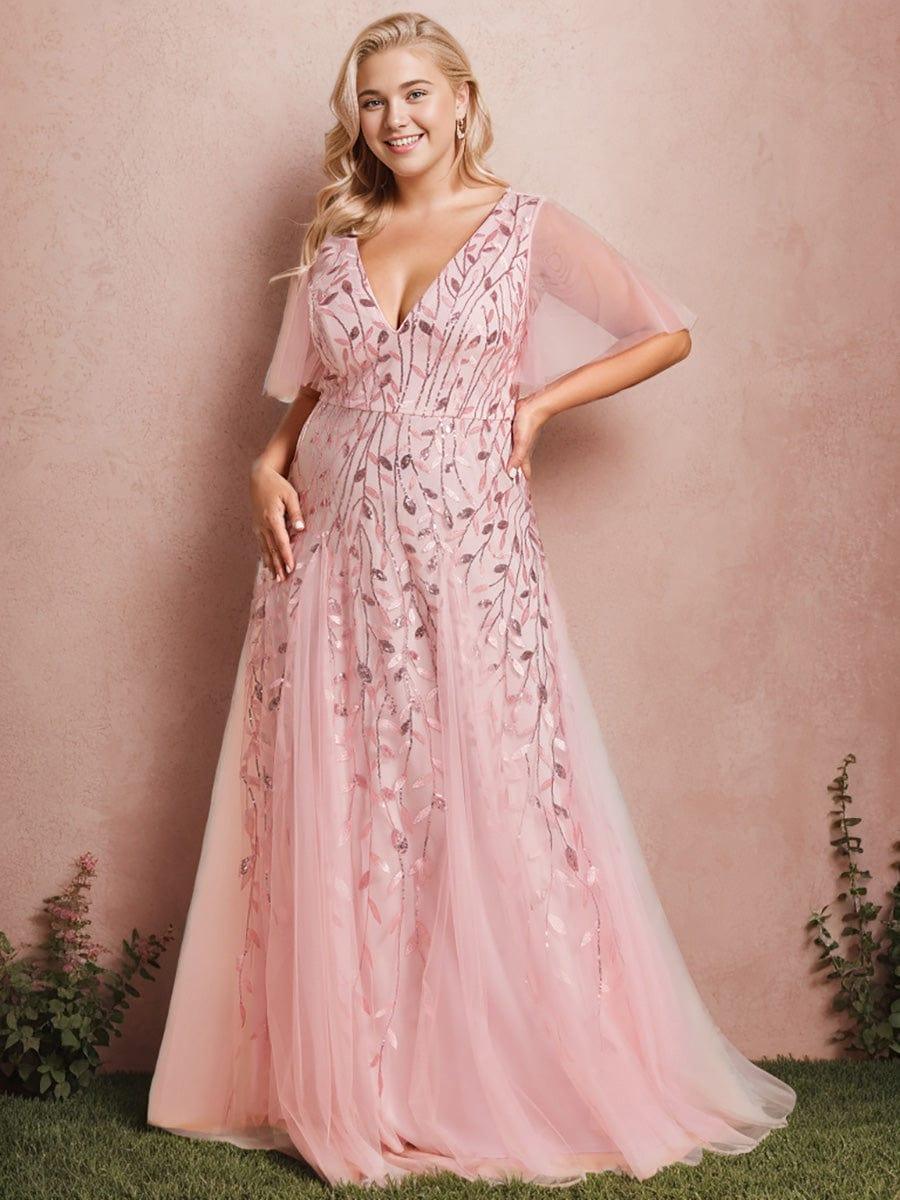 pretty ASTRAL|Plus Size Romantic Shimmery V Neck Ruffle Sleeves Evening Gown - Image 66