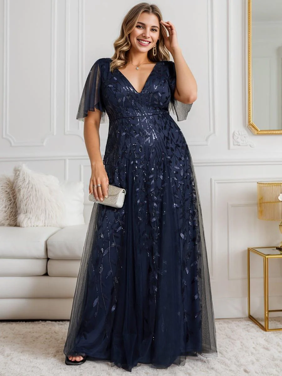 pretty ASTRAL|Plus Size Romantic Shimmery V Neck Ruffle Sleeves Evening Gown - Image 7