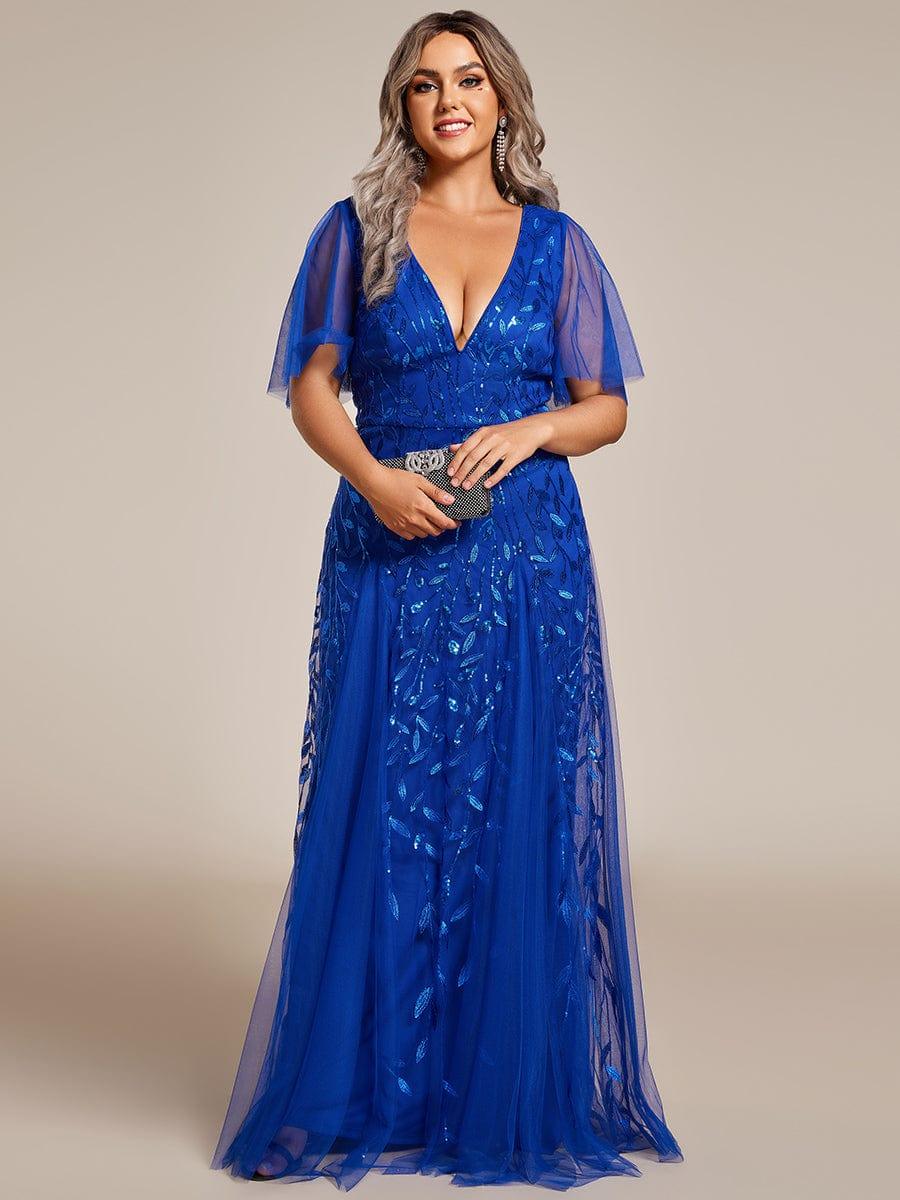 pretty ASTRAL|Plus Size Romantic Shimmery V Neck Ruffle Sleeves Evening Gown - Image 74