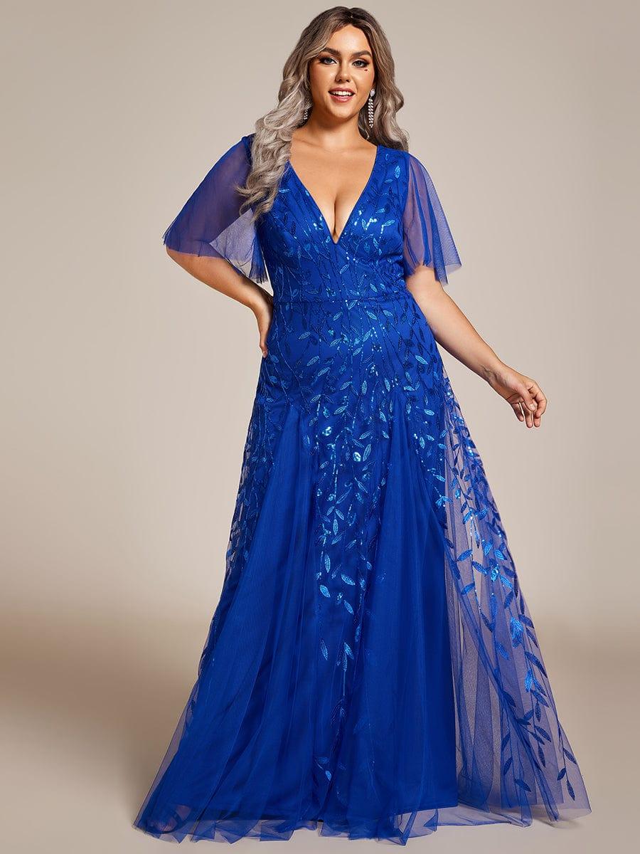 pretty ASTRAL|Plus Size Romantic Shimmery V Neck Ruffle Sleeves Evening Gown - Image 75