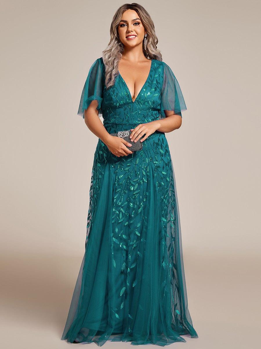 pretty ASTRAL|Plus Size Romantic Shimmery V Neck Ruffle Sleeves Evening Gown - Image 79