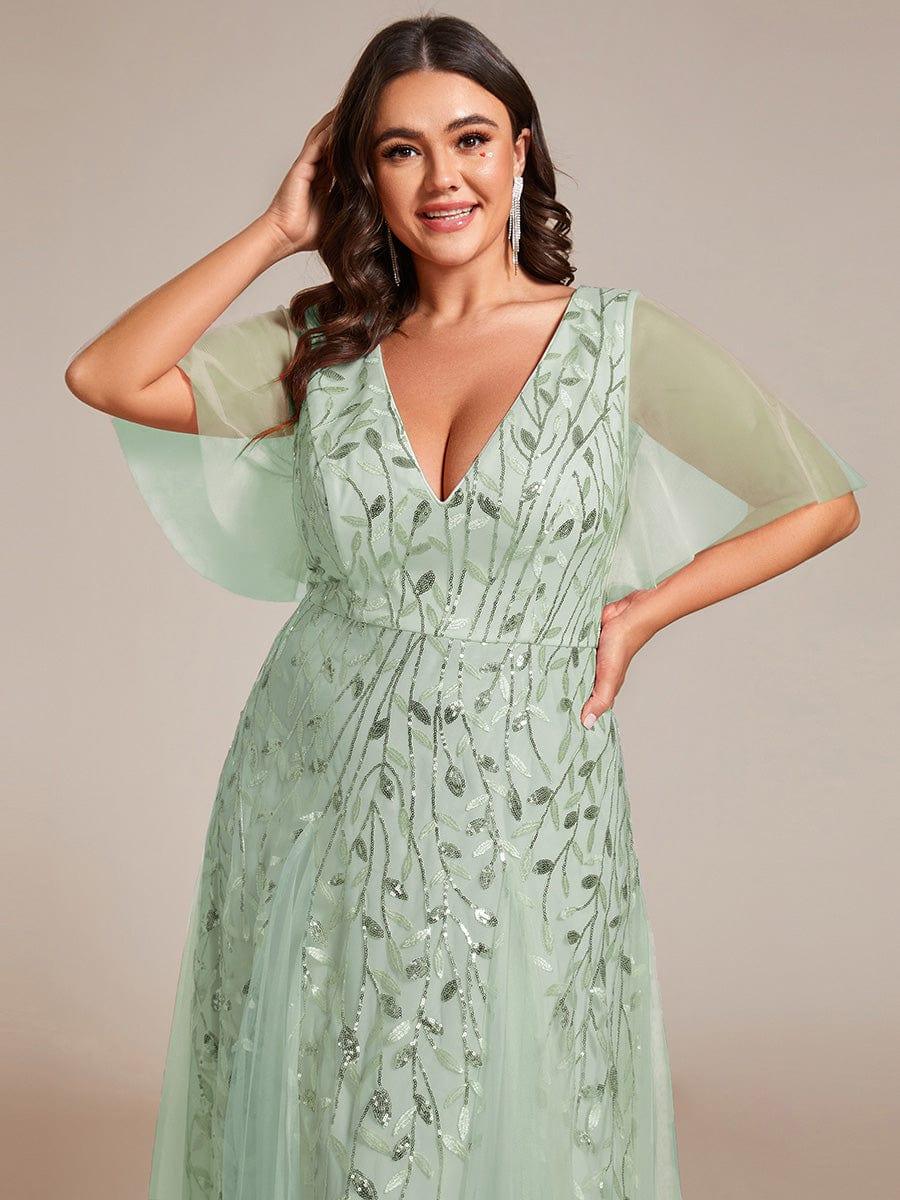 pretty ASTRAL|Plus Size Romantic Shimmery V Neck Ruffle Sleeves Evening Gown - Image 83