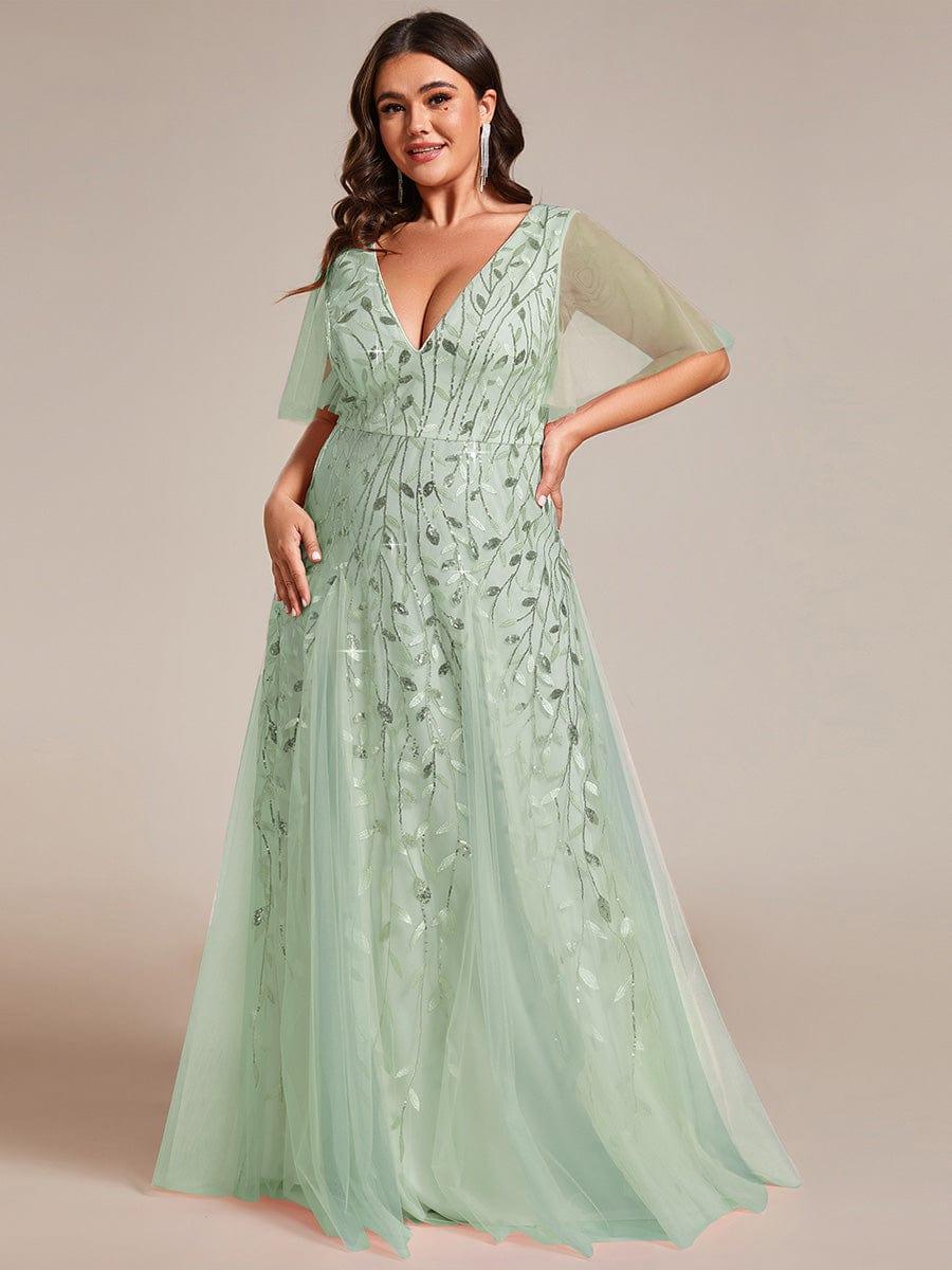 pretty ASTRAL|Plus Size Romantic Shimmery V Neck Ruffle Sleeves Evening Gown - Image 84