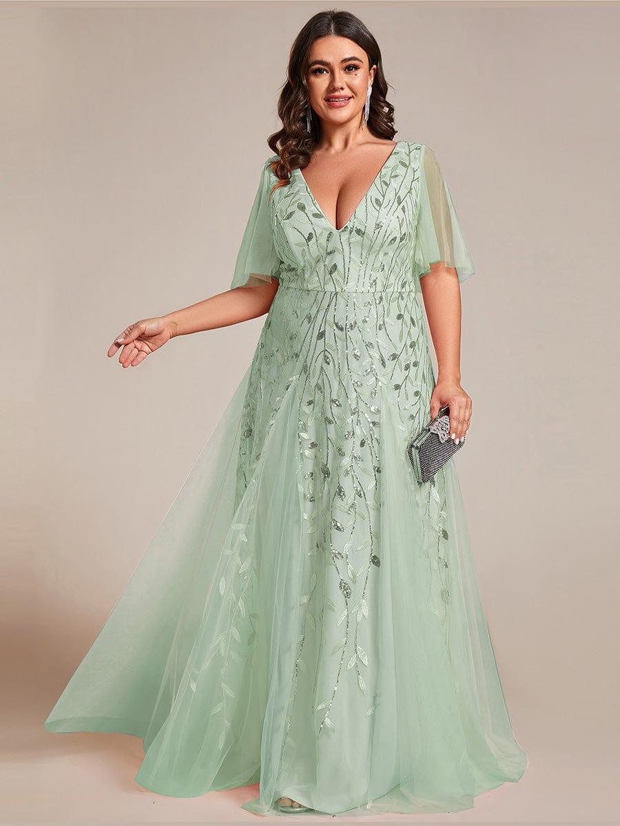 pretty ASTRAL|Plus Size Romantic Shimmery V Neck Ruffle Sleeves Evening Gown - Image 85