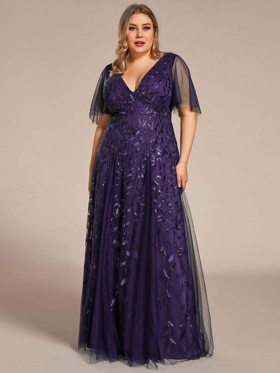 pretty ASTRAL|Plus Size Romantic Shimmery V Neck Ruffle Sleeves Evening Gown - Image 89