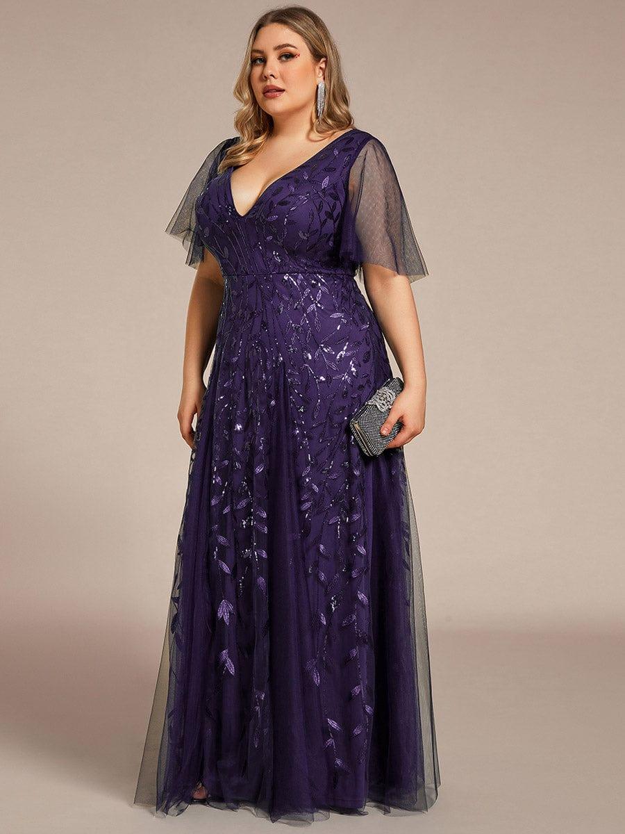 pretty ASTRAL|Plus Size Romantic Shimmery V Neck Ruffle Sleeves Evening Gown - Image 90