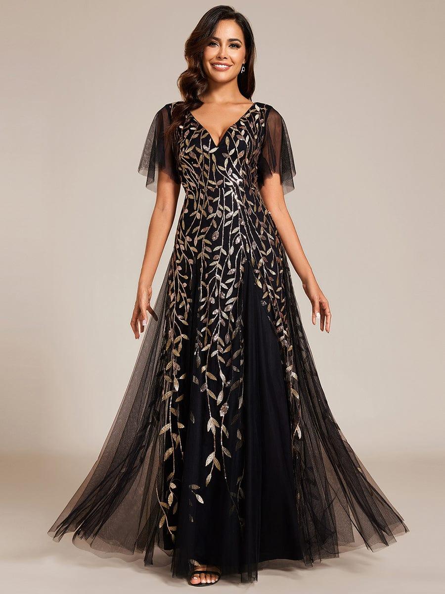 pretty ASTRAL|Plus Size Romantic Shimmery V Neck Ruffle Sleeves Evening Gown - Image 94