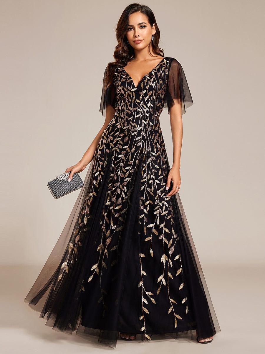 pretty ASTRAL|Plus Size Romantic Shimmery V Neck Ruffle Sleeves Evening Gown - Image 95