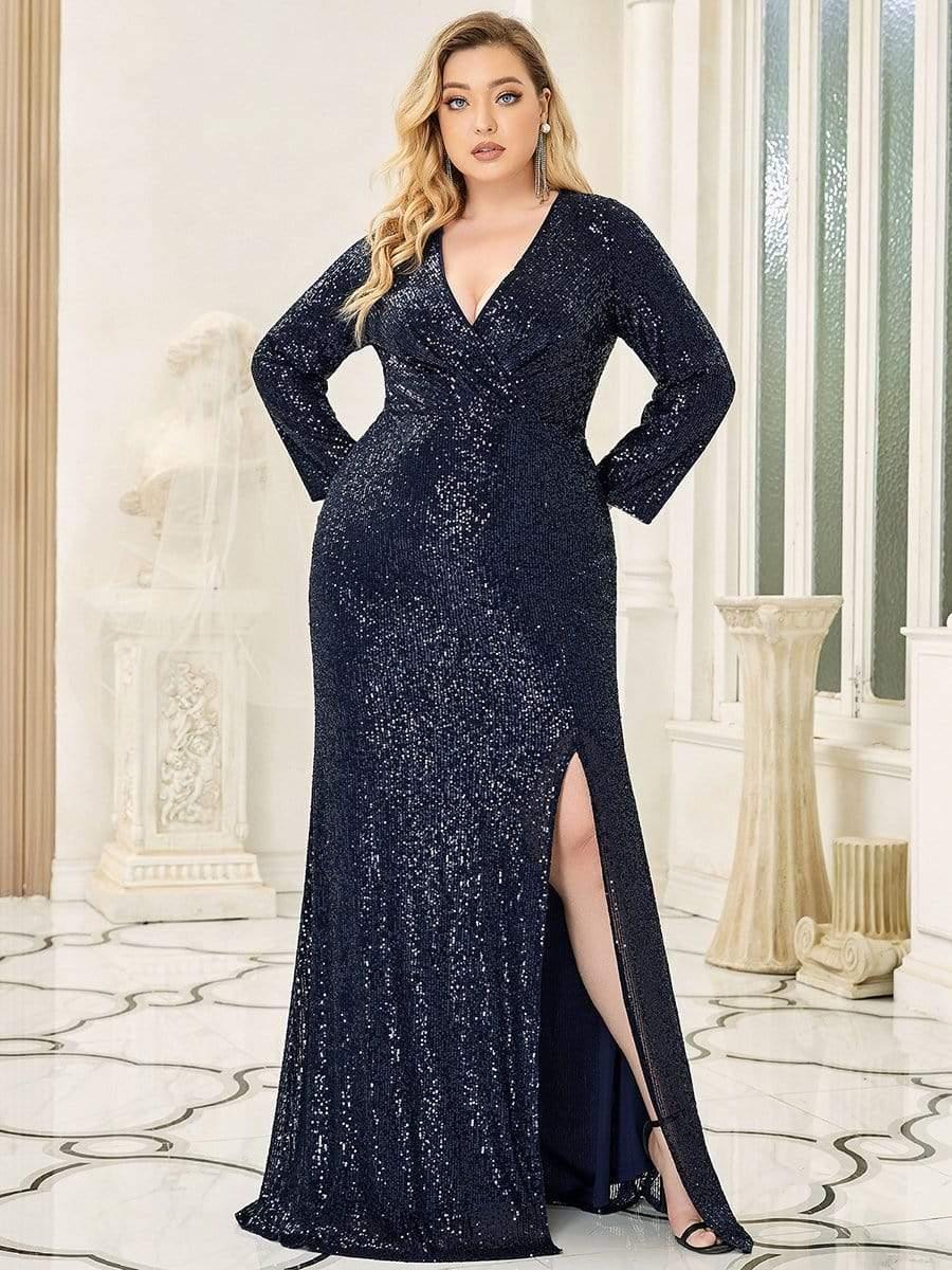 pretty NYX|Shiny V Neck Plus Size Sequin Evening Party Dress with Long Sleeve - Image 10