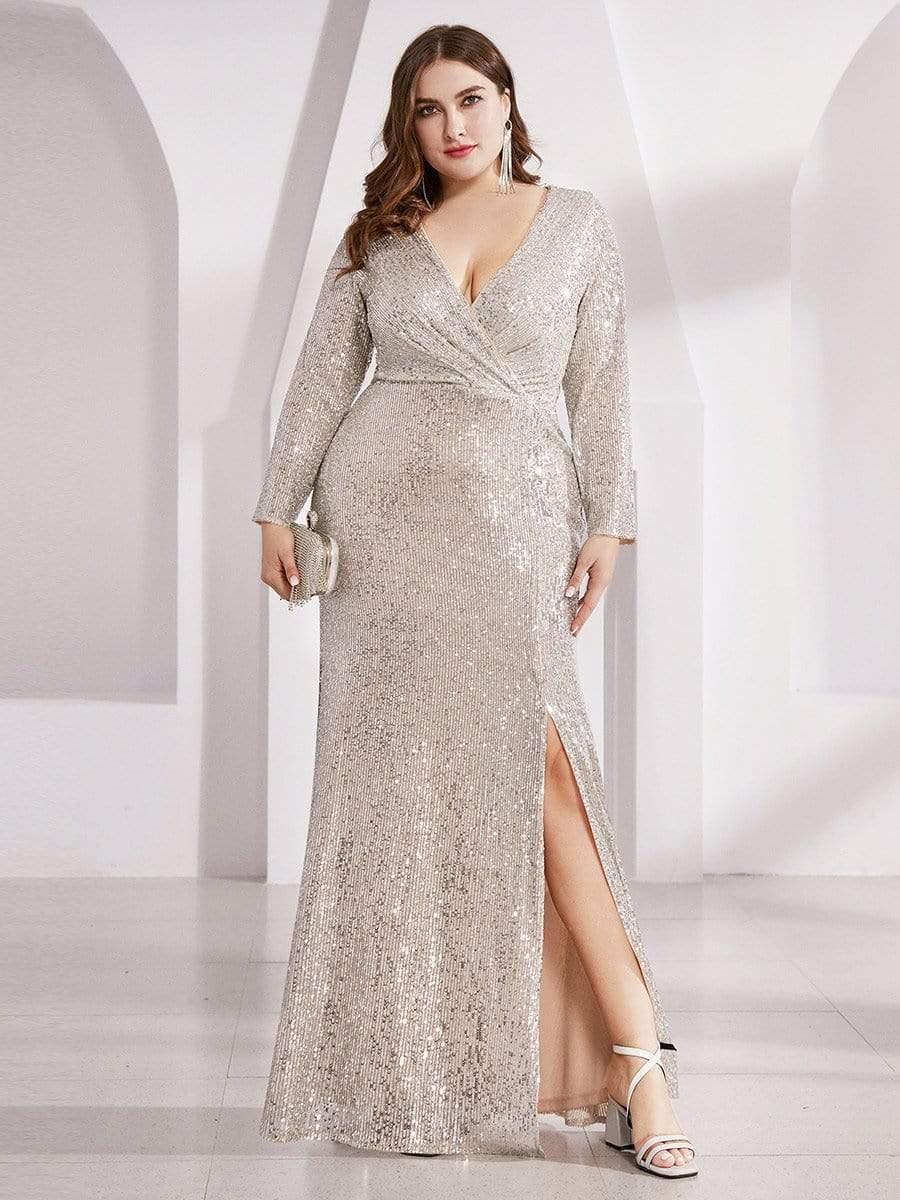 pretty NYX|Shiny V Neck Plus Size Sequin Evening Party Dress with Long Sleeve - Image 13