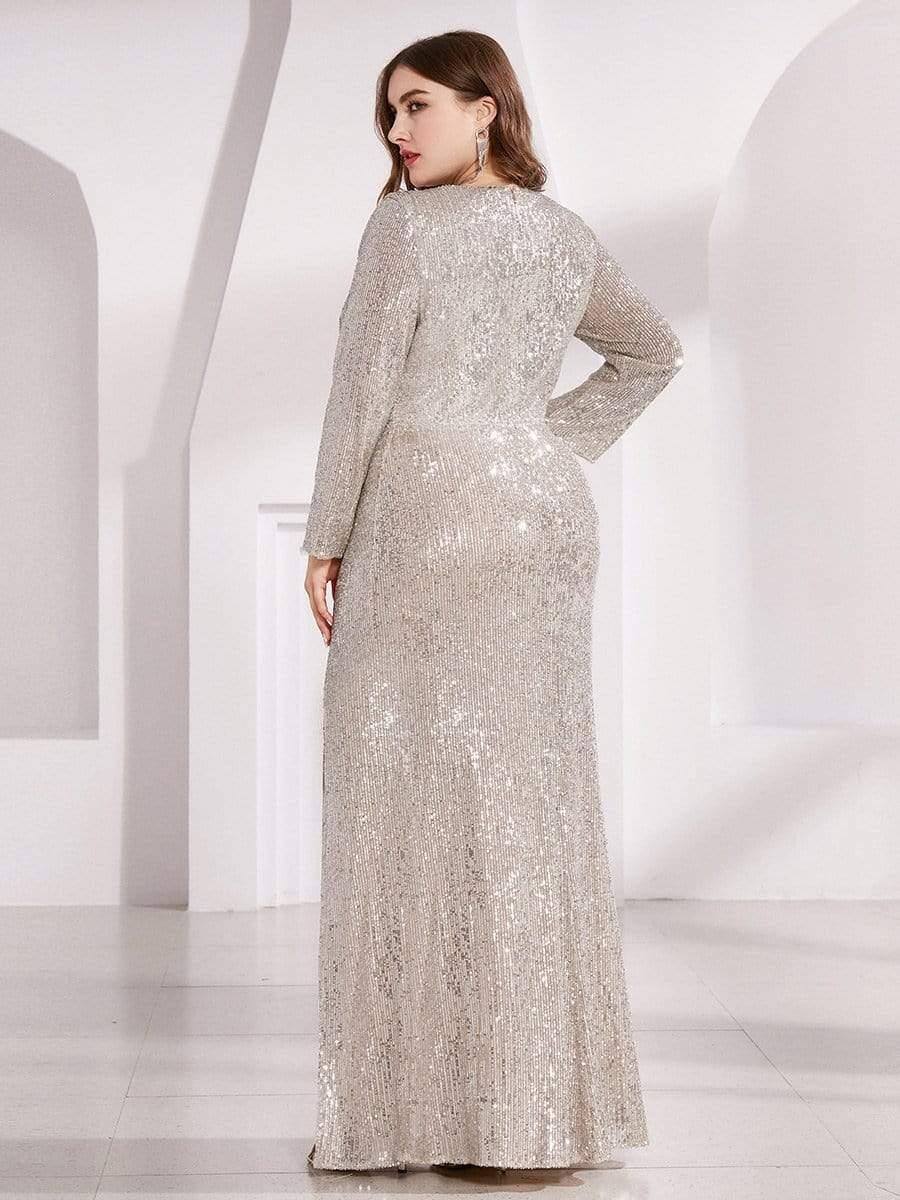 pretty NYX|Shiny V Neck Plus Size Sequin Evening Party Dress with Long Sleeve - Image 14