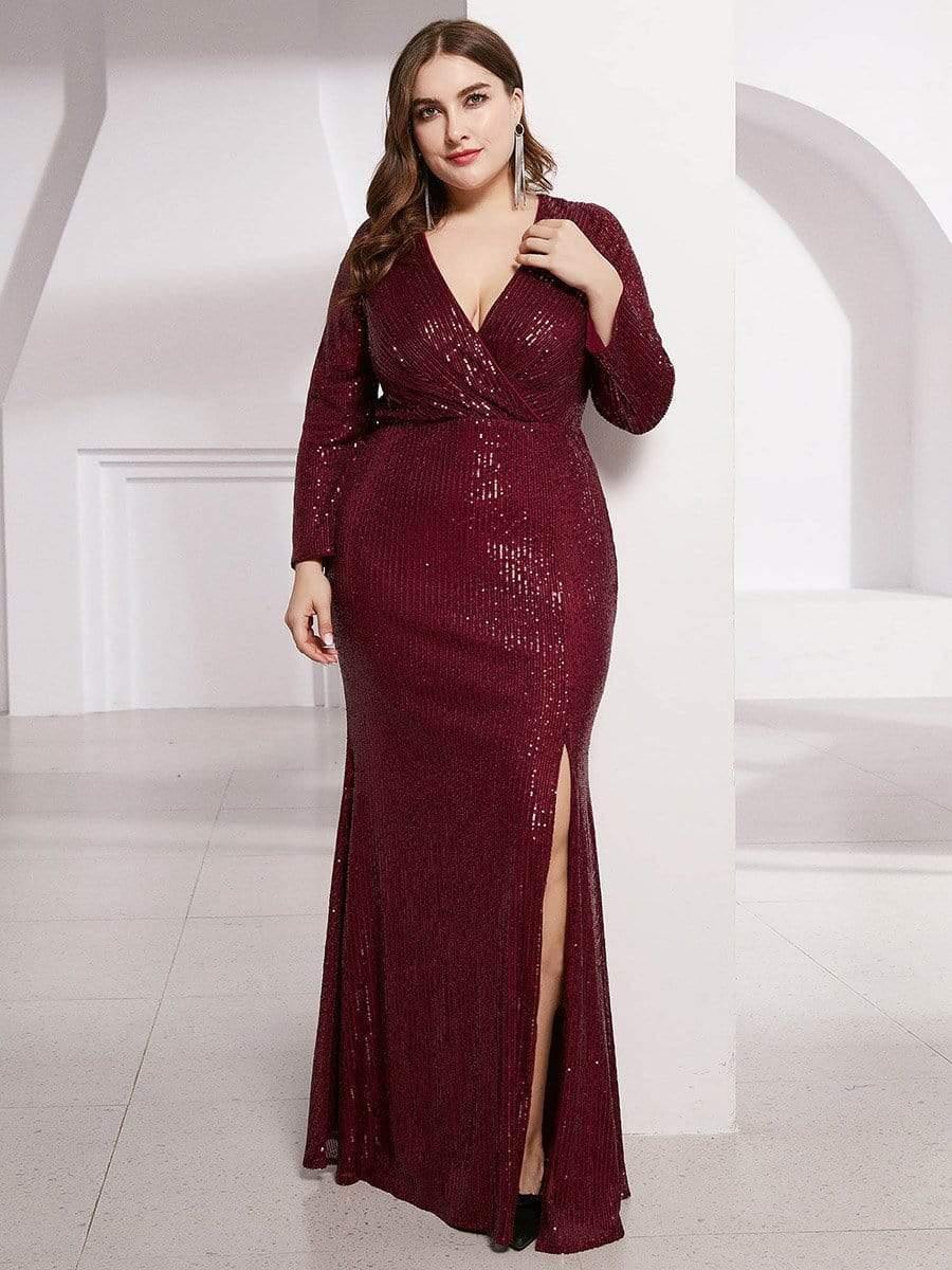 pretty NYX|Shiny V Neck Plus Size Sequin Evening Party Dress with Long Sleeve - Image 18