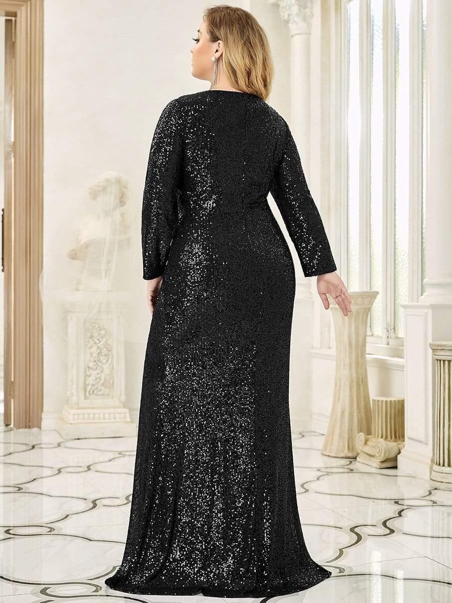 pretty NYX|Shiny V Neck Plus Size Sequin Evening Party Dress with Long Sleeve - Image 22