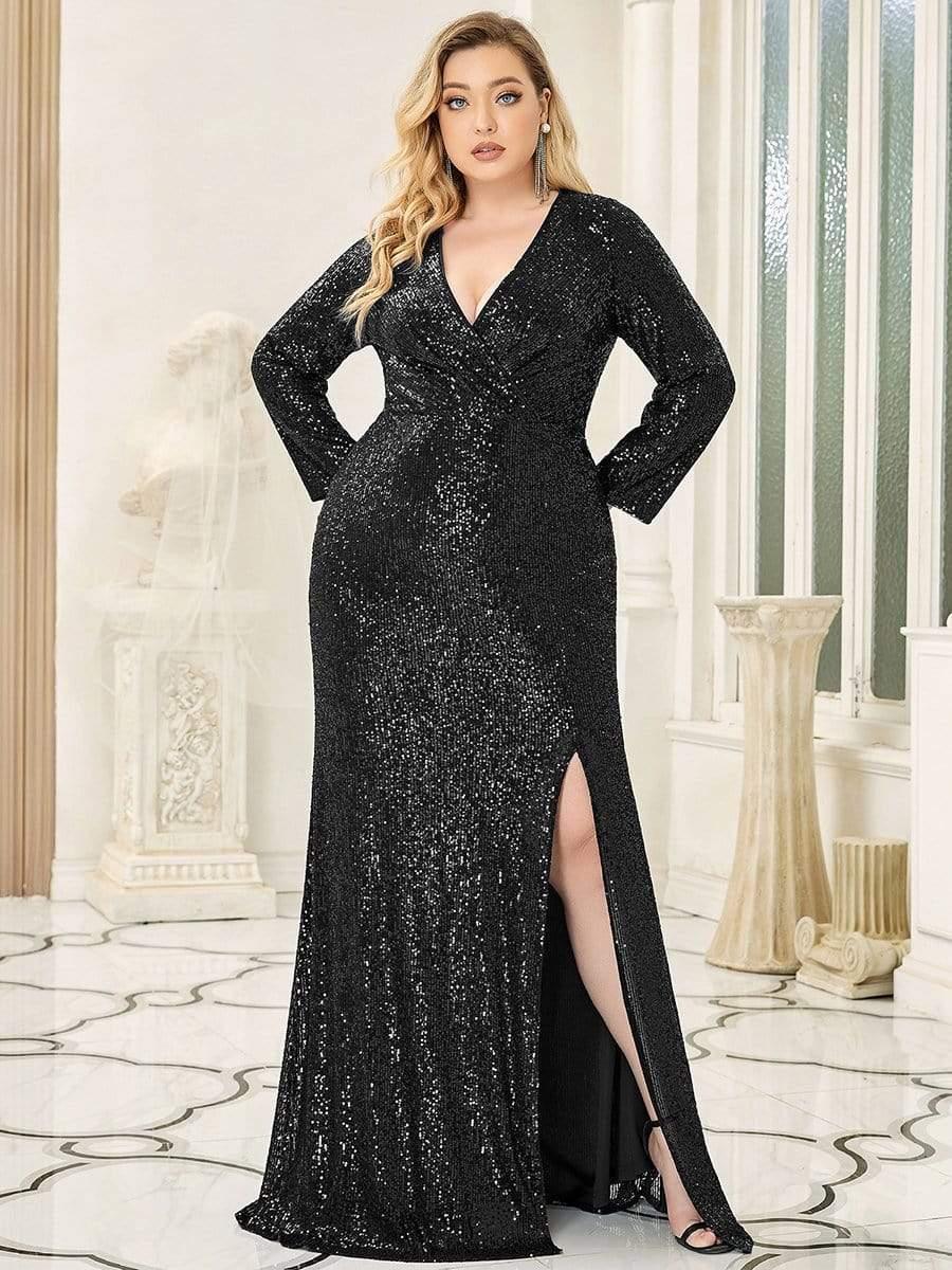 pretty NYX|Shiny V Neck Plus Size Sequin Evening Party Dress with Long Sleeve - Image 24