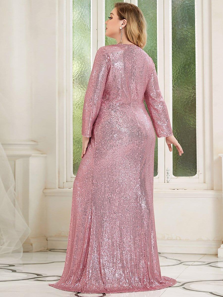 pretty NYX|Shiny V Neck Plus Size Sequin Evening Party Dress with Long Sleeve - Image 27