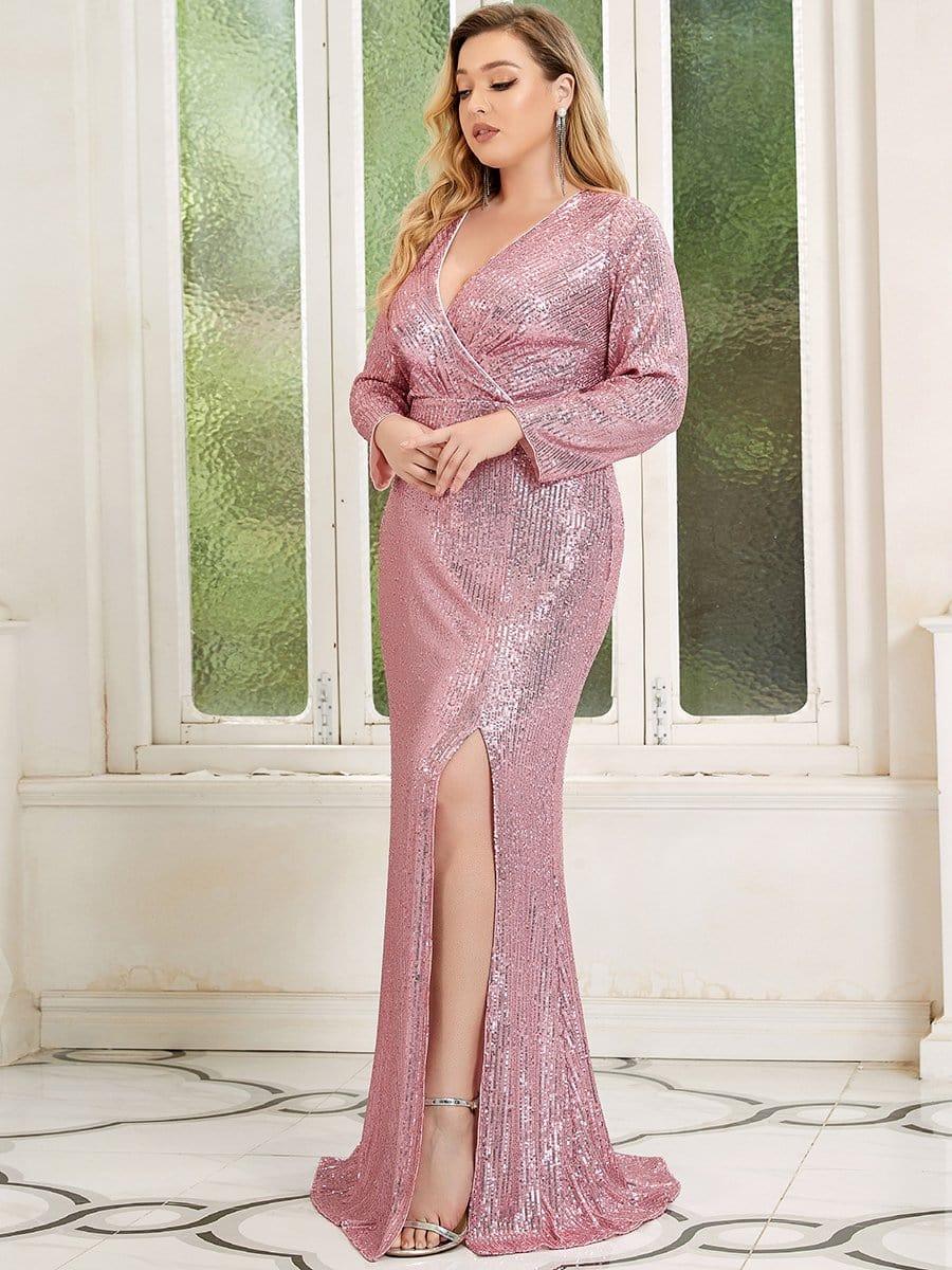 pretty NYX|Shiny V Neck Plus Size Sequin Evening Party Dress with Long Sleeve - Image 28
