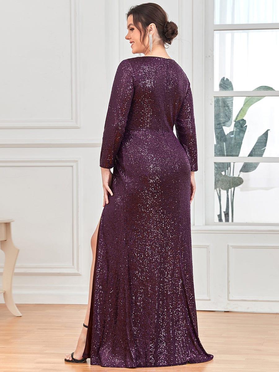 pretty NYX|Shiny V Neck Plus Size Sequin Evening Party Dress with Long Sleeve - Image 37