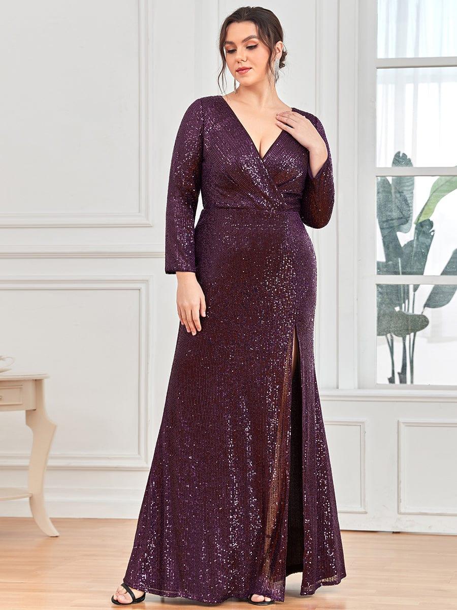 pretty NYX|Shiny V Neck Plus Size Sequin Evening Party Dress with Long Sleeve - Image 39