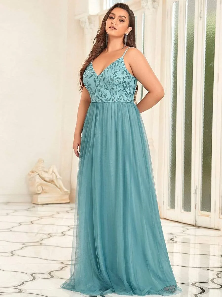 Plus Size V Neck Floral Sequined Spaghetti Straps Maxi Evening Dress(Final Sale) - Image 11