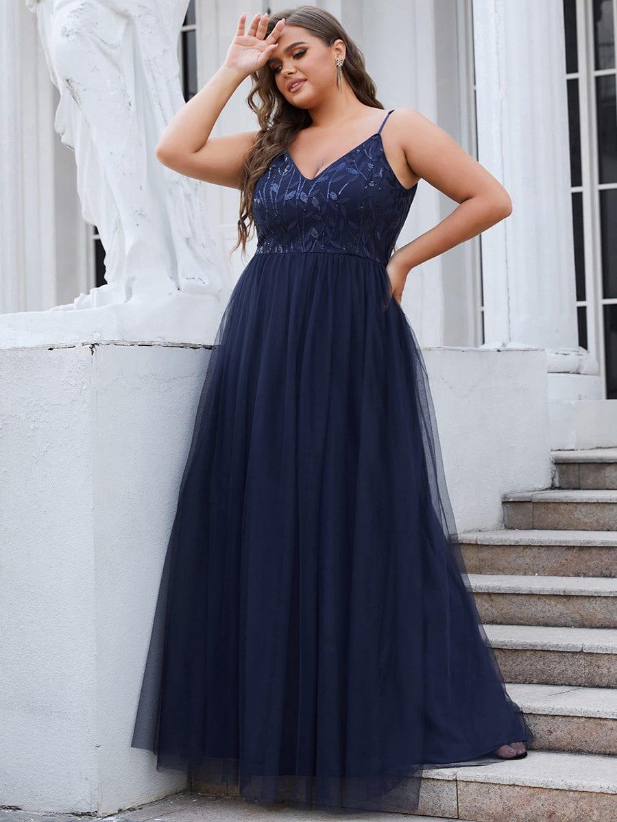 Plus Size V Neck Floral Sequined Spaghetti Straps Maxi Evening Dress(Final Sale) - Image 13