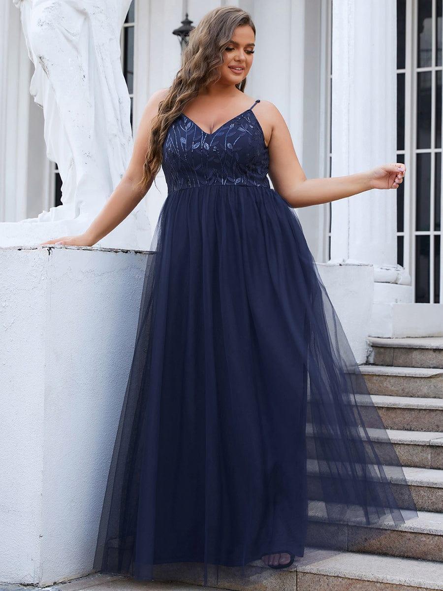 Plus Size V Neck Floral Sequined Spaghetti Straps Maxi Evening Dress(Final Sale) - Image 16