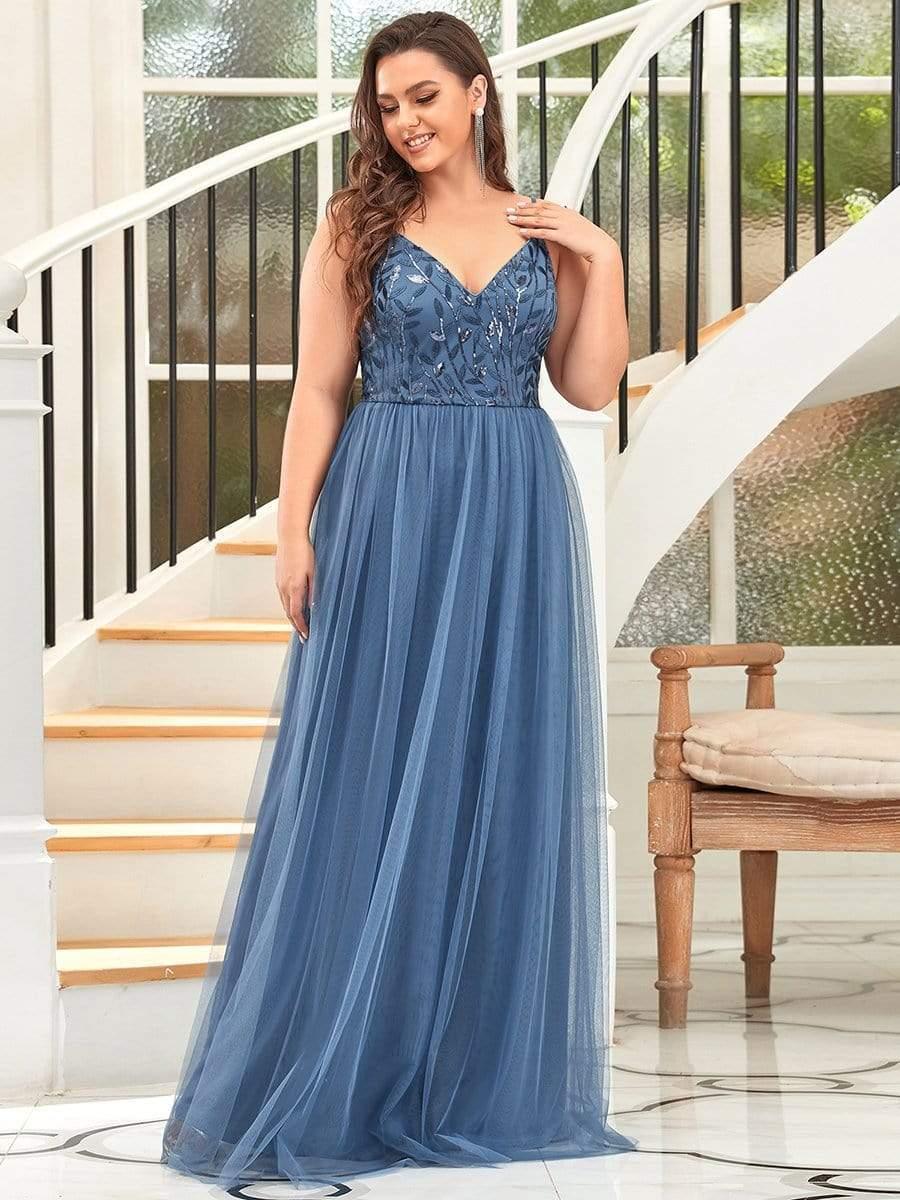 Plus Size V Neck Floral Sequined Spaghetti Straps Maxi Evening Dress(Final Sale) - Image 3