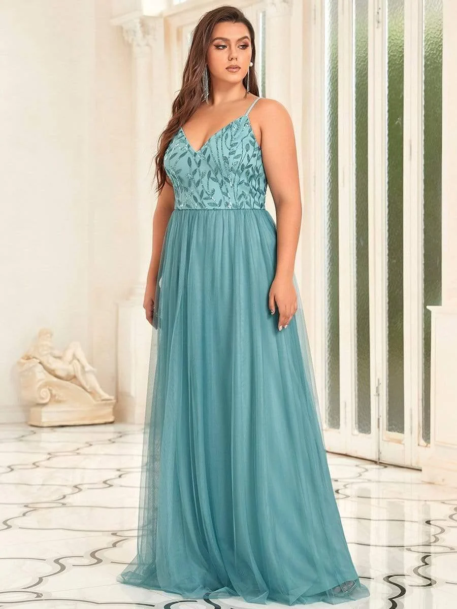 Plus Size V Neck Floral Sequined Spaghetti Straps Maxi Evening Dress(Final Sale) - Image 9