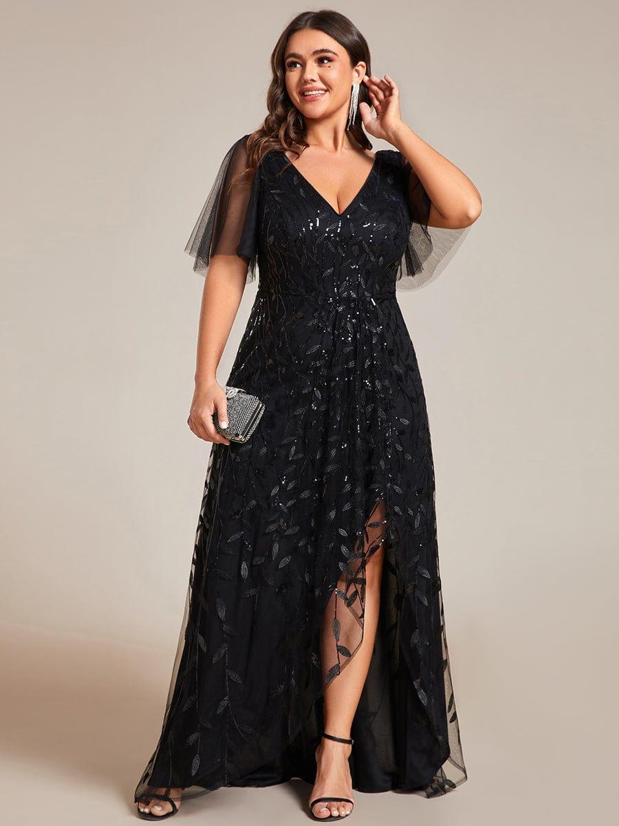 pretty ALIX|Plus Size V-Neck High Slit Sequined Evening Dresses - Image 10