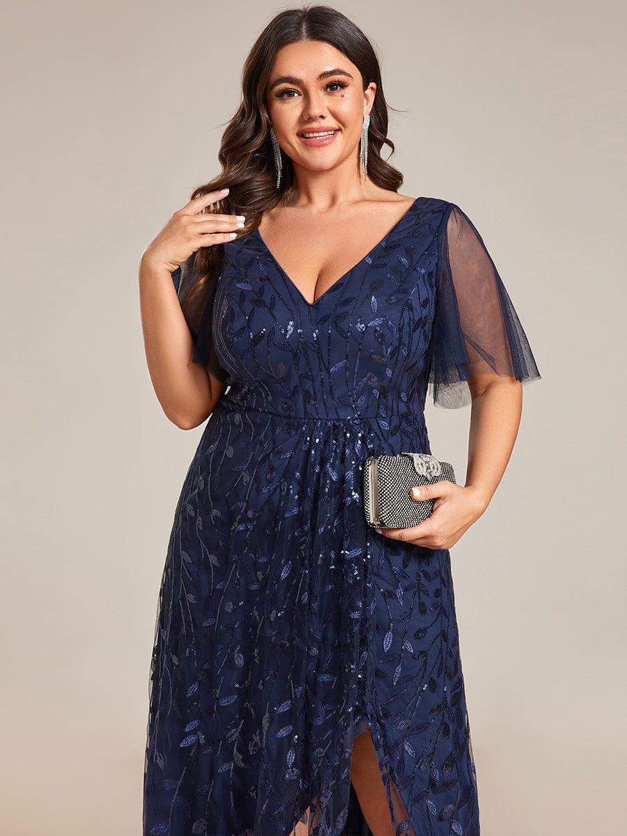 pretty ALIX|Plus Size V-Neck High Slit Sequined Evening Dresses - Image 13