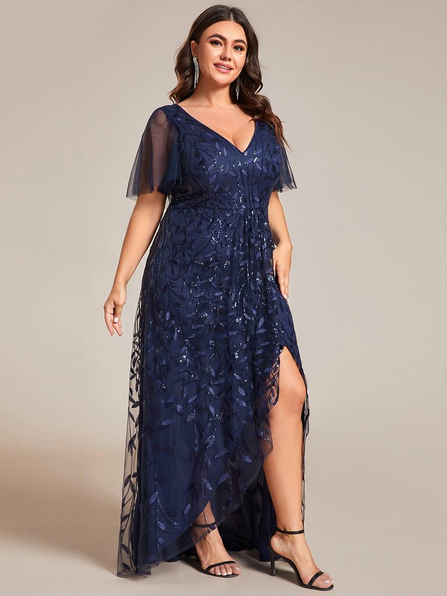 pretty ALIX|Plus Size V-Neck High Slit Sequined Evening Dresses - Image 14