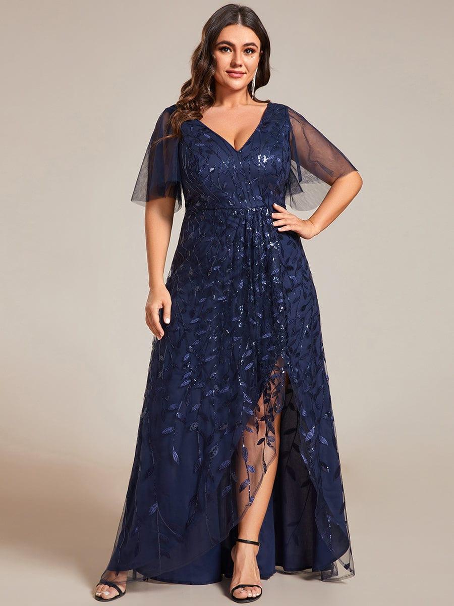 pretty ALIX|Plus Size V-Neck High Slit Sequined Evening Dresses - Image 15