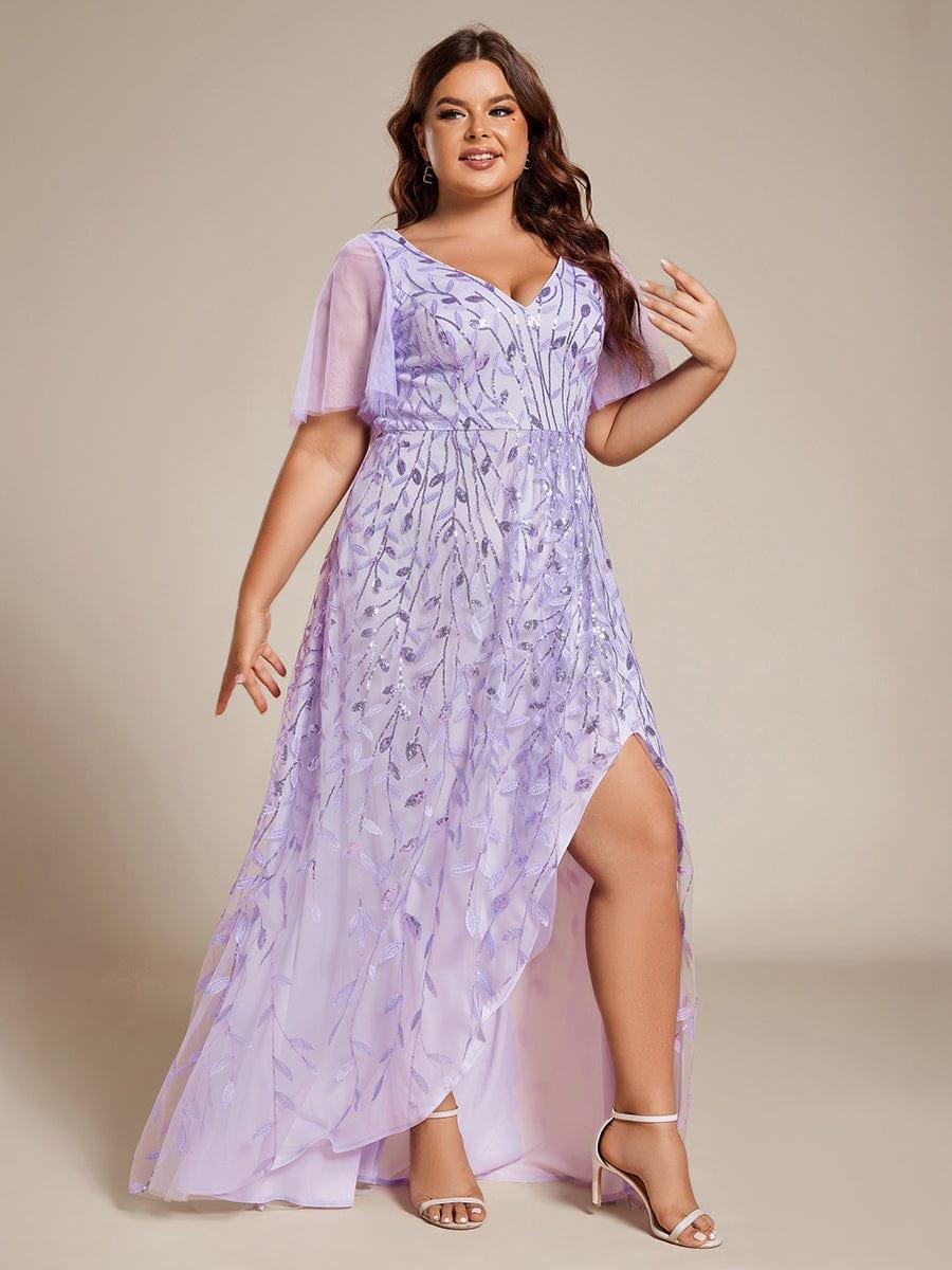 pretty ALIX|Plus Size V-Neck High Slit Sequined Evening Dresses - Image 25