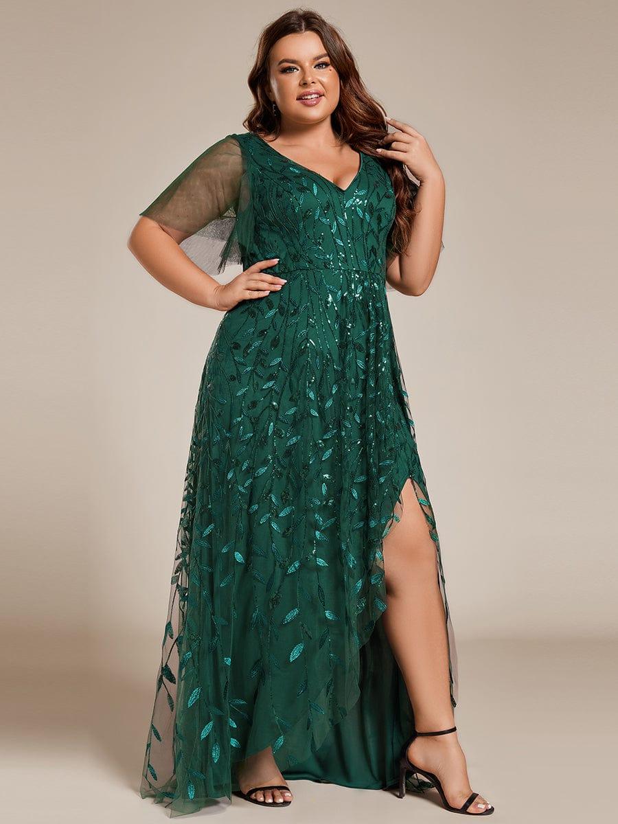 pretty ALIX|Plus Size V-Neck High Slit Sequined Evening Dresses - Image 26
