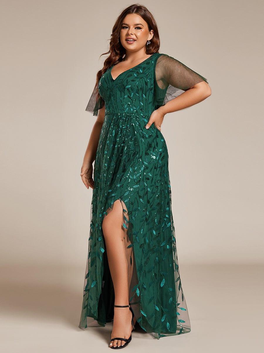 pretty ALIX|Plus Size V-Neck High Slit Sequined Evening Dresses - Image 29