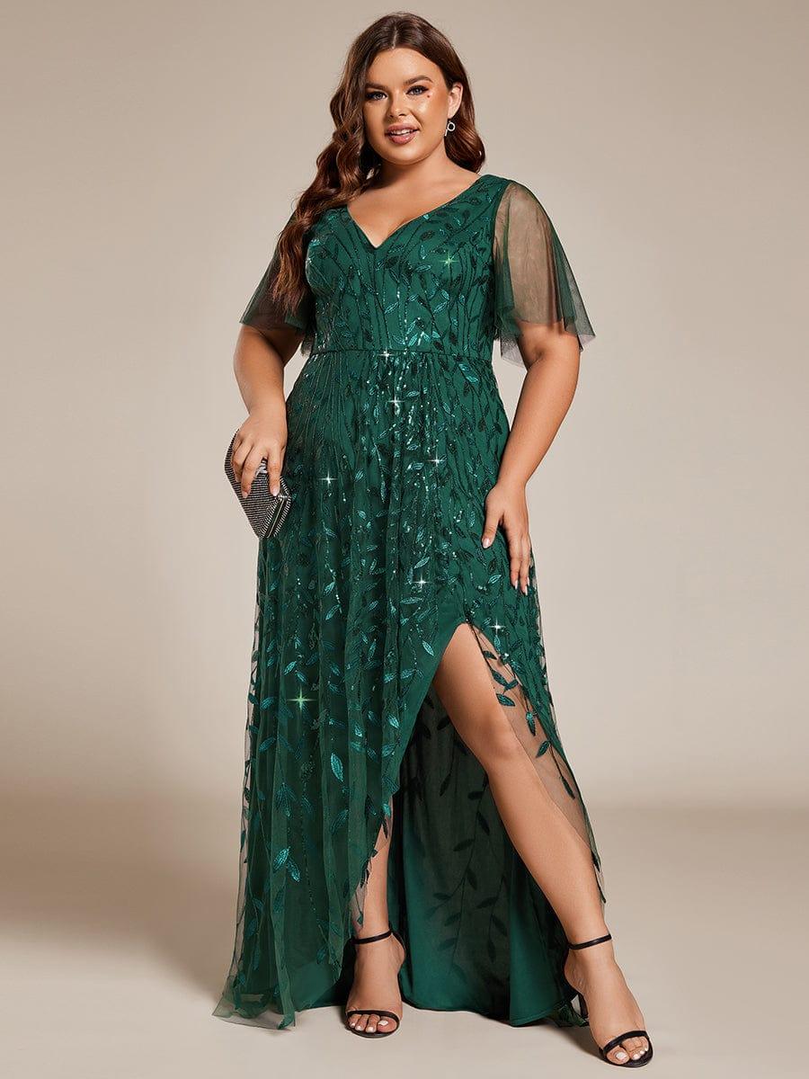pretty ALIX|Plus Size V-Neck High Slit Sequined Evening Dresses - Image 30