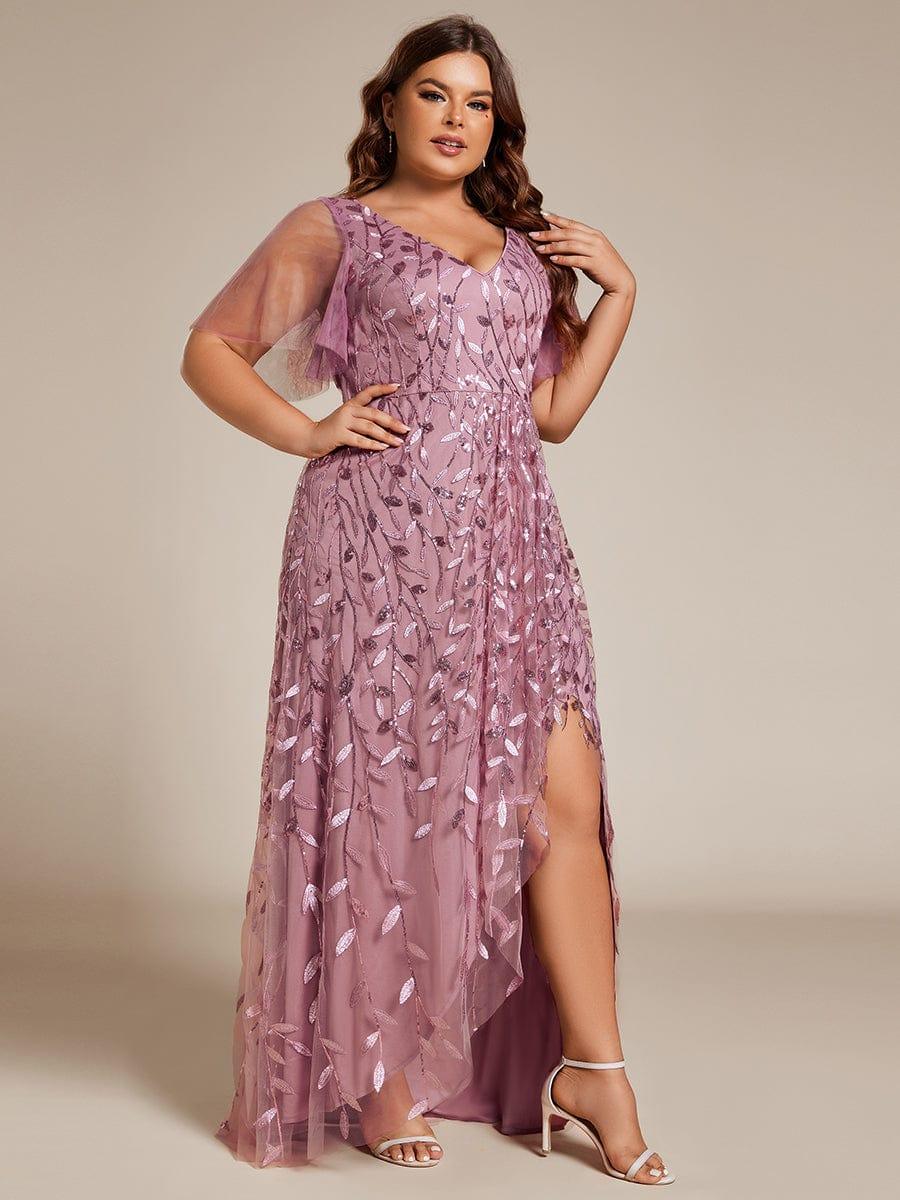 pretty ALIX|Plus Size V-Neck High Slit Sequined Evening Dresses - Image 31