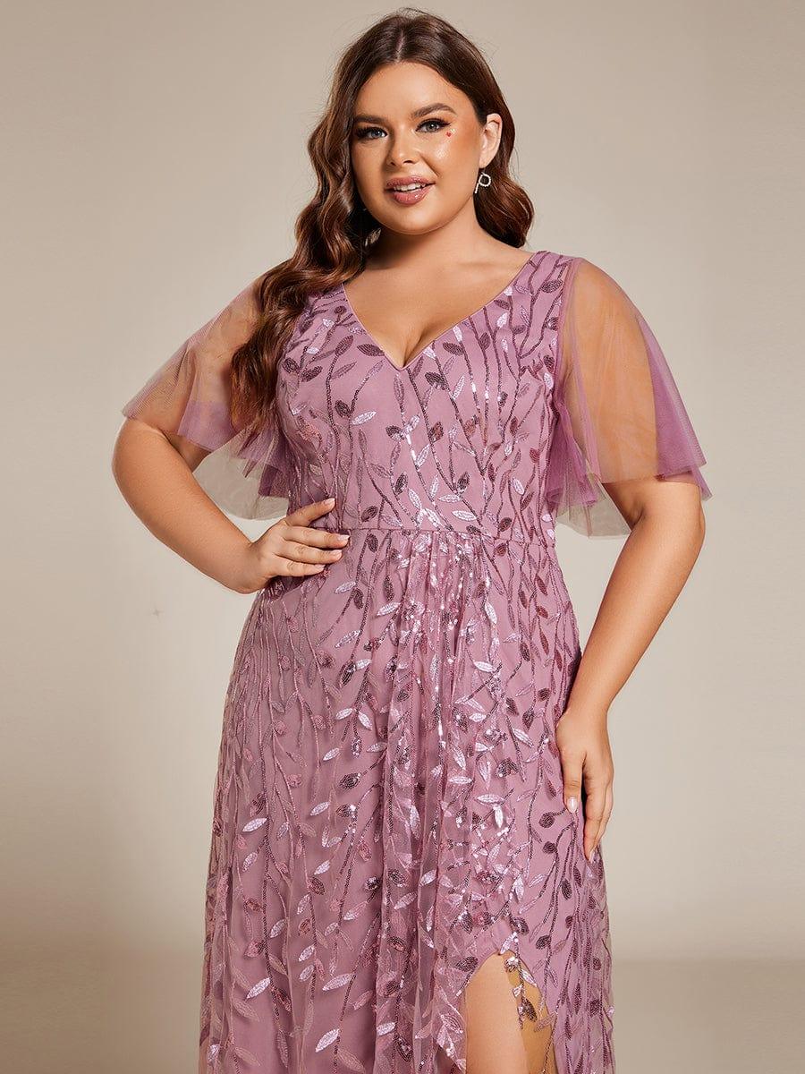 pretty ALIX|Plus Size V-Neck High Slit Sequined Evening Dresses - Image 33