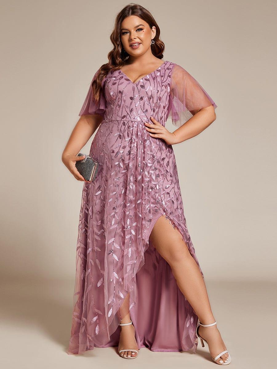 pretty ALIX|Plus Size V-Neck High Slit Sequined Evening Dresses - Image 34