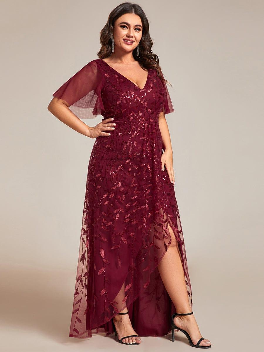 pretty ALIX|Plus Size V-Neck High Slit Sequined Evening Dresses - Image 4