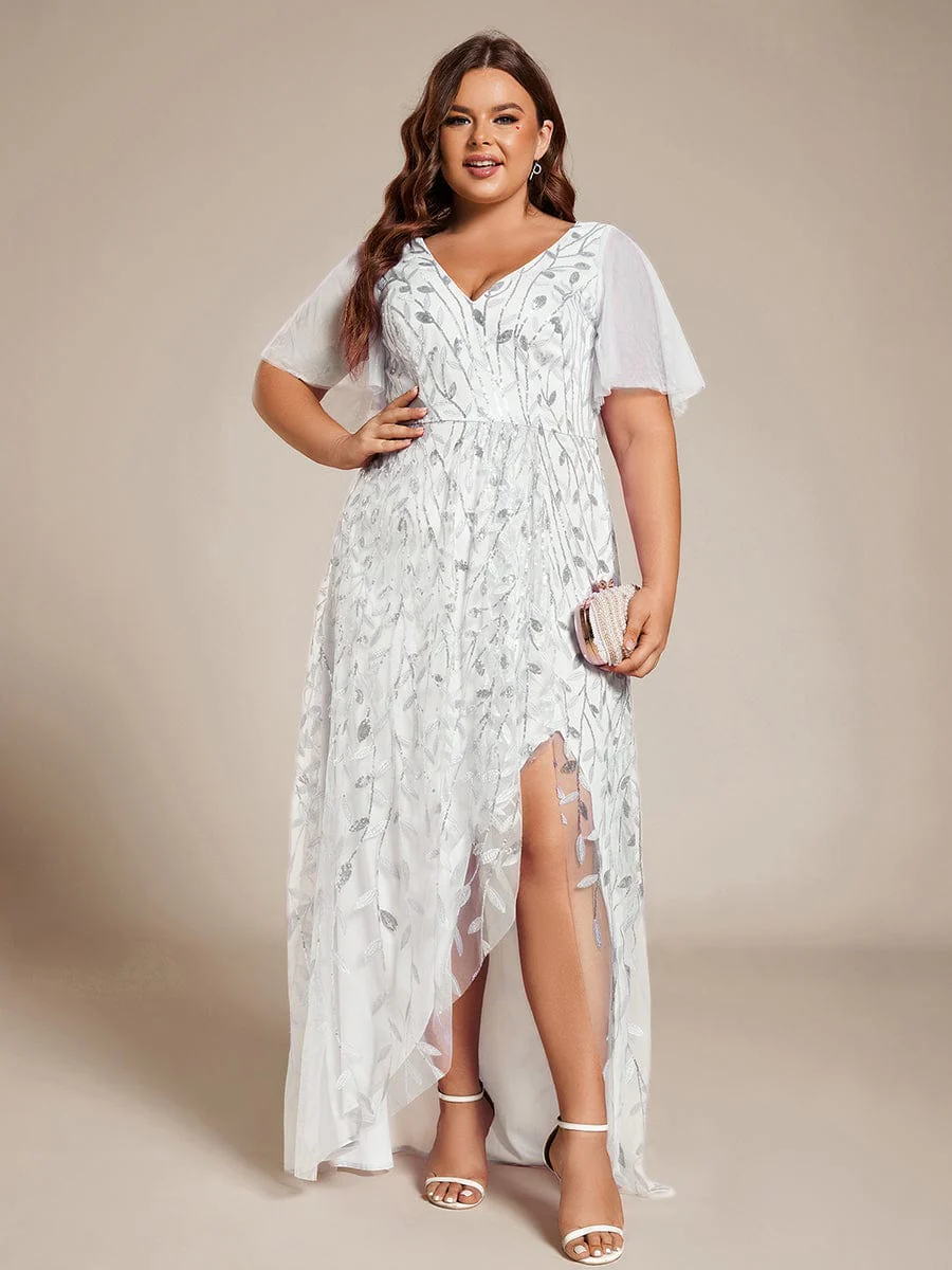 pretty ALIX|Plus Size V-Neck High Slit Sequined Evening Dresses - Image 41
