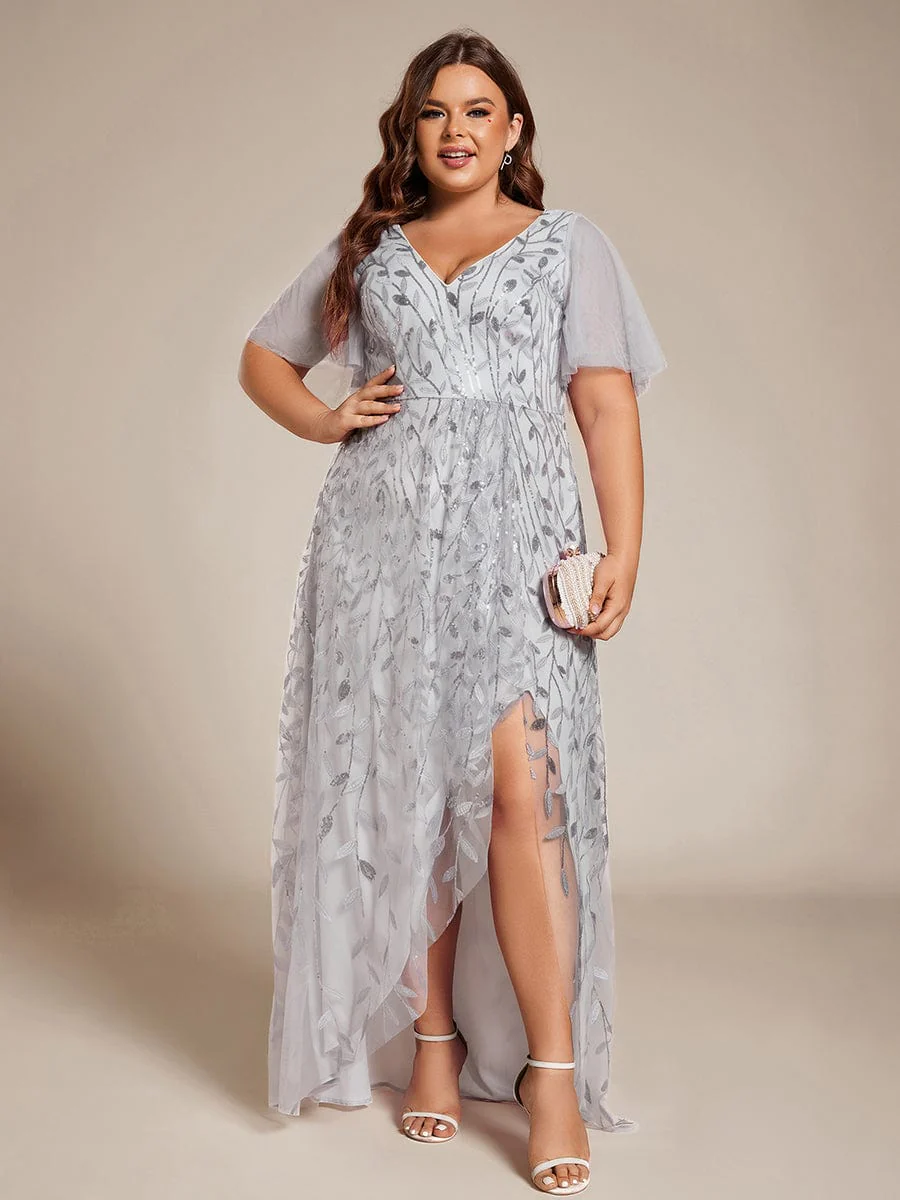 pretty ALIX|Plus Size V-Neck High Slit Sequined Evening Dresses - Image 44