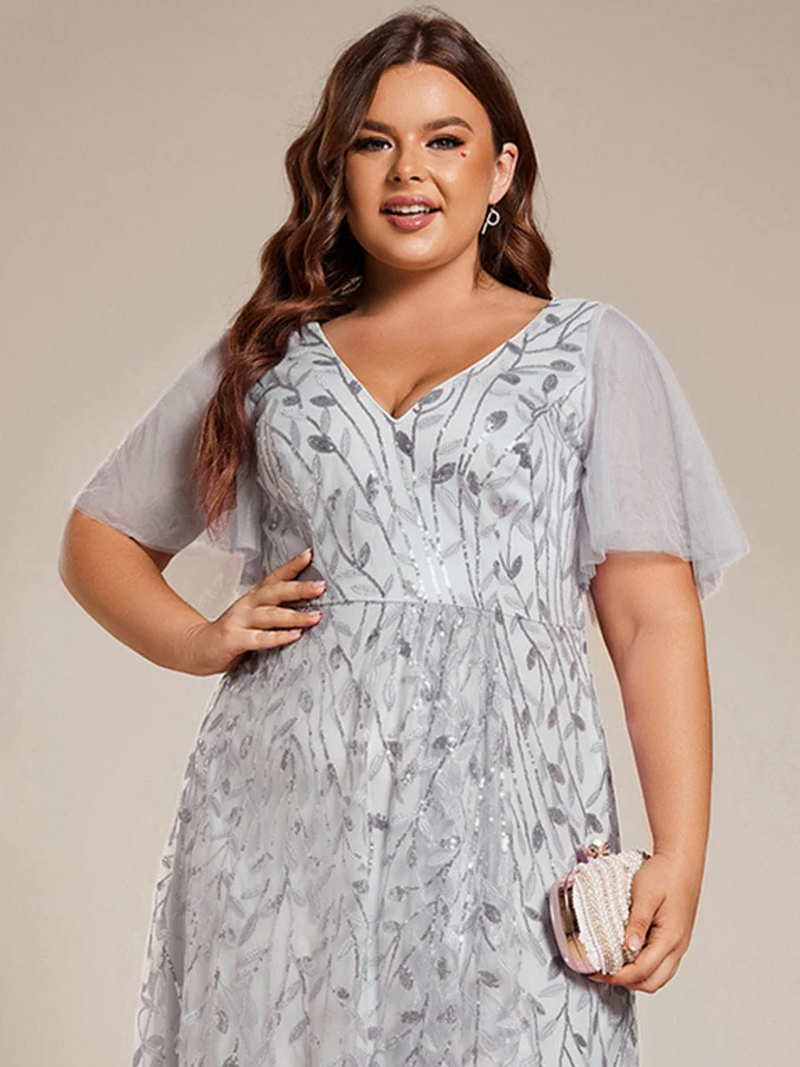 pretty ALIX|Plus Size V-Neck High Slit Sequined Evening Dresses - Image 46