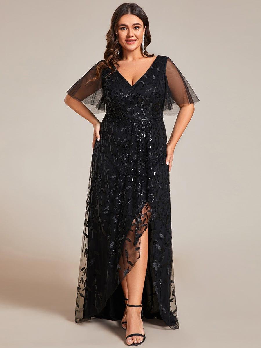 pretty ALIX|Plus Size V-Neck High Slit Sequined Evening Dresses - Image 6