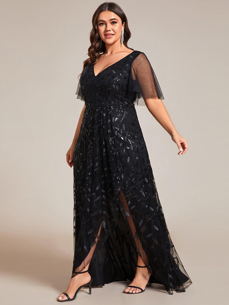pretty ALIX|Plus Size V-Neck High Slit Sequined Evening Dresses - Image 9