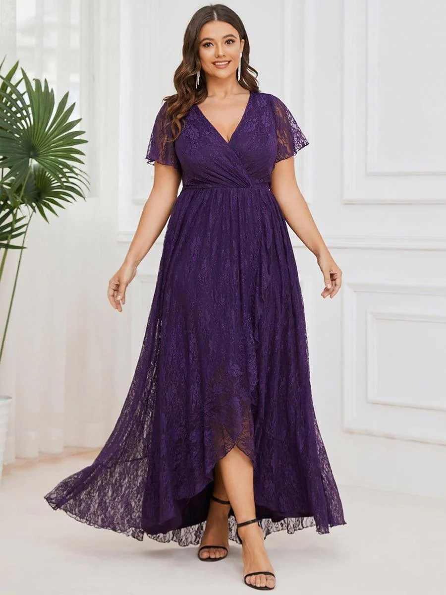 pretty ELISE|Plus Size V-Neck Short Sleeve Pleated Ruffled Lace Evening Dress - Image 14